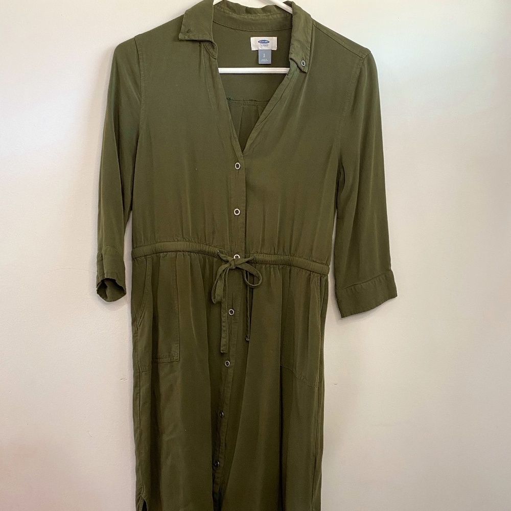 Old Navy Green Shirt Dress Small Tie Button Down Three Quarter Sleeve